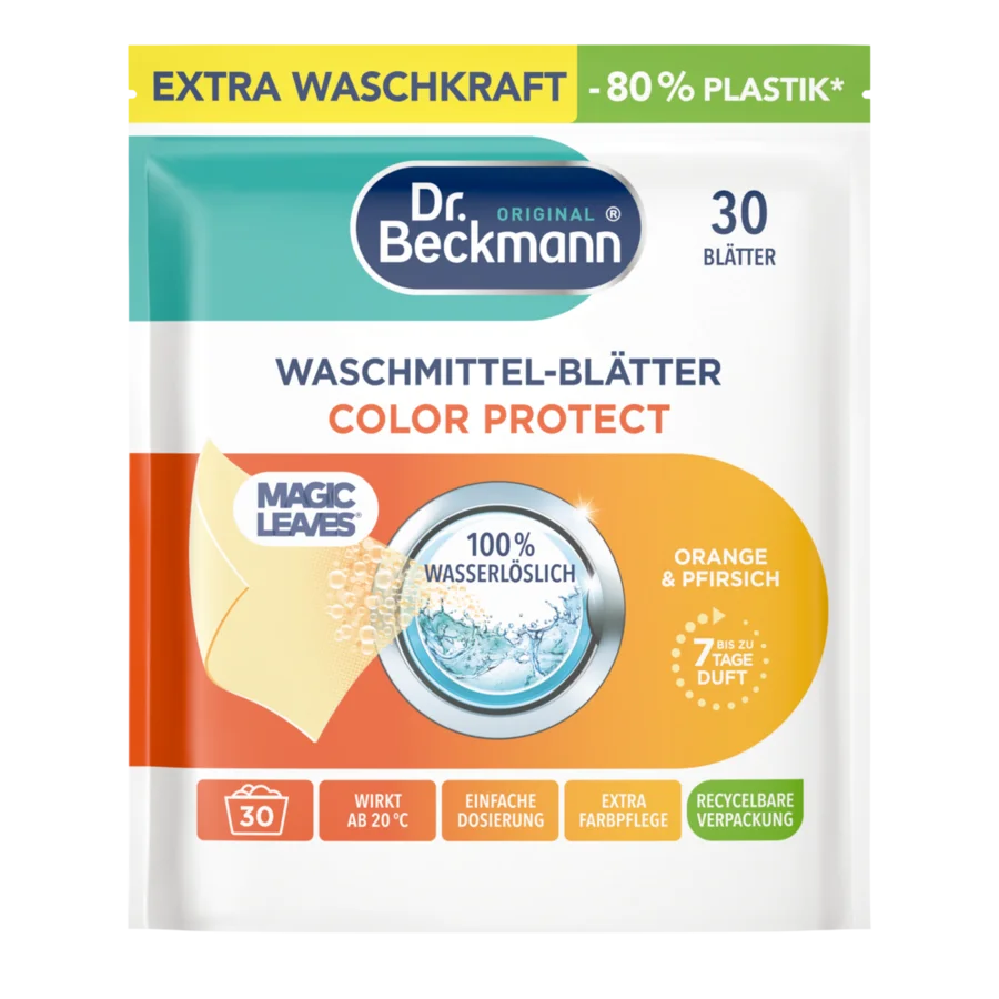 Waschmittel-Blätter Color Protect Orange & Pfirsich – Weiße rechteckige Tasche mit Teal-, Orange- und Gelbelementen und rundem Fenster mit Wasserspritzmotiv.