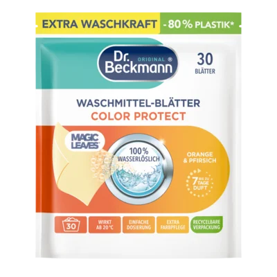 Waschmittel-Blätter Color Protect Orange & Pfirsich – Weiße rechteckige Tasche mit Teal-, Orange- und Gelbelementen und rundem Fenster mit Wasserspritzmotiv.