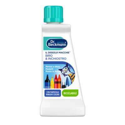 Il Dissolvi Macchie Biro & Inchiostro – Bottiglia di plastica bianca con tappo turchese contenente detergente liquido con testo e illustrazioni colorate.