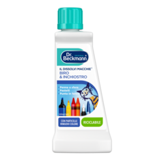 Il Dissolvi Macchie Biro & Inchiostro – Bottiglia di plastica bianca con tappo turchese contenente detergente liquido con testo e illustrazioni colorate.-small