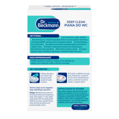 Deep clean piana do wc – Białe pudełko prostokątne z turkusowymi i ciemnoniebieskimi akcentami, okrągłe logo i tekst.