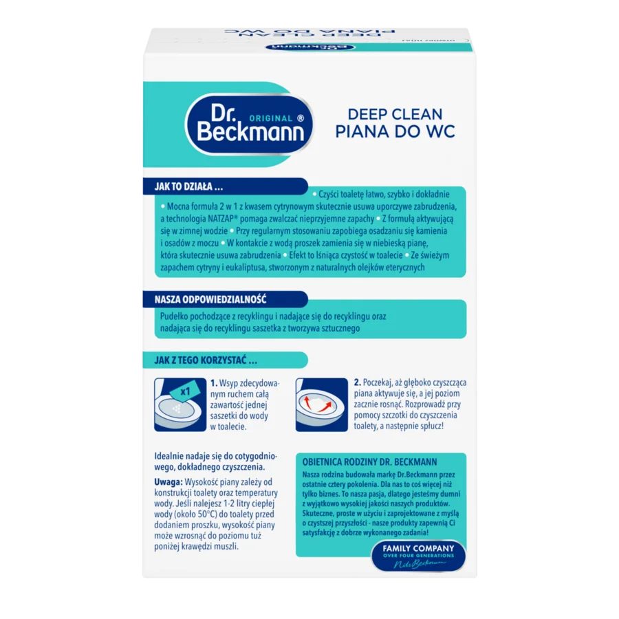 Deep clean piana do wc – Białe pudełko prostokątne z turkusowymi i ciemnoniebieskimi akcentami, okrągłe logo i tekst.