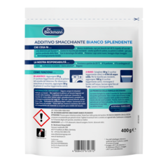 Additivo Smacchiante Bianco Splendente – Una bustina bianca con sezioni di etichetta teal e blu navy contenente testo italiano e istruzioni per l'uso.