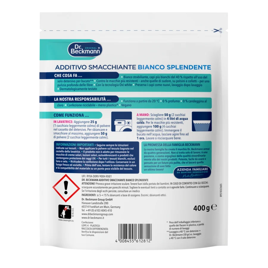 Additivo Smacchiante Bianco Splendente – Una bustina bianca con sezioni di etichetta teal e blu navy contenente testo italiano e istruzioni per l'uso.