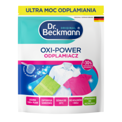 Oxi-Power odplamiacz – Biała saszetka z turkusowymi i niebieskimi elementami, wyświetlająca ściereczkę czyszczącą i kolorowe ubrania.-small