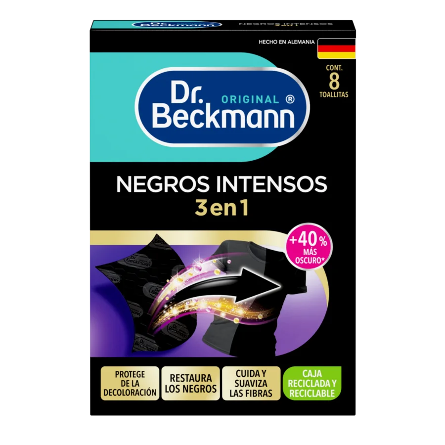 Negros Intensos 3 en 1 – Toallitas rectangulares negras en empaque turquesa y negro con gradiente púrpura y detalles dorados.