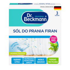 Sól do prania firan - 3 prania – Białe pudełko z turkusowymi i niebieskimi działami zawierające trzy prostokątne saszetki w niebiesko-białym opakowaniu.-small