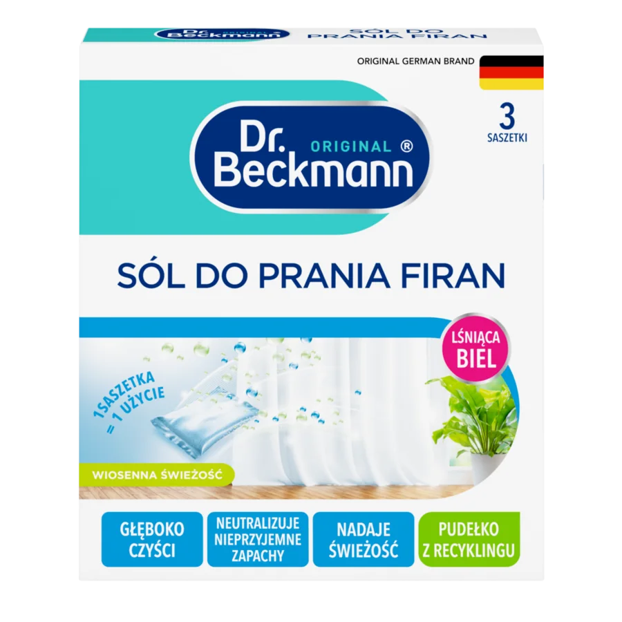 Sól do prania firan - 3 prania – Białe pudełko z turkusowymi i niebieskimi działami zawierające trzy prostokątne saszetki w niebiesko-białym opakowaniu.