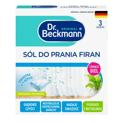 Sól do prania firan - 3 prania – Białe pudełko z turkusowymi i niebieskimi działami zawierające trzy prostokątne saszetki w niebiesko-białym opakowaniu.