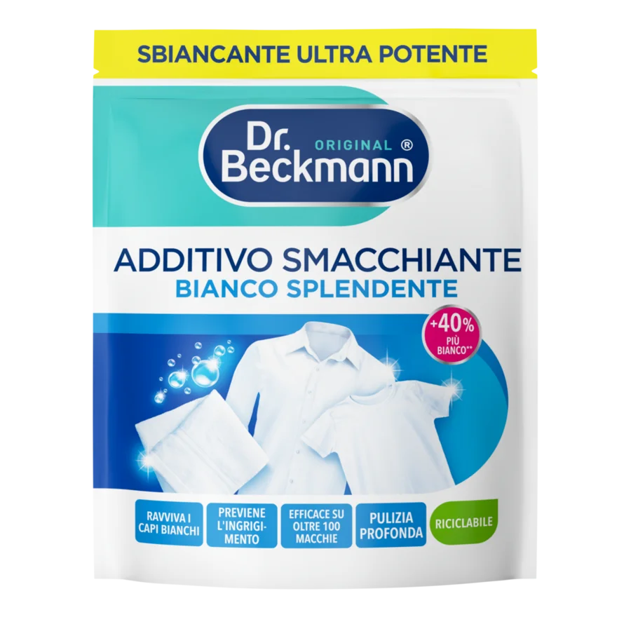 Additivo Smacchiante Bianco Splendente – Borsetta bianca con elementi blu e turchesi, capi d'abbigliamento bianchi e grafiche di bolle.