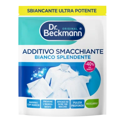 Additivo Smacchiante Bianco Splendente – Borsetta bianca con elementi blu e turchesi, capi d'abbigliamento bianchi e grafiche di bolle.
