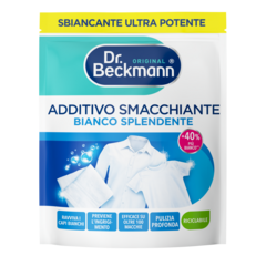 Additivo Smacchiante Bianco Splendente – Borsetta bianca con elementi blu e turchesi, capi d'abbigliamento bianchi e grafiche di bolle.-small
