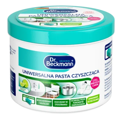 Uniwersalna Pasta Czyszcząca – Turkusowy i biały cylindryczny pojemnik z pokrywką i etykietą zawierającą obrazy limonki.