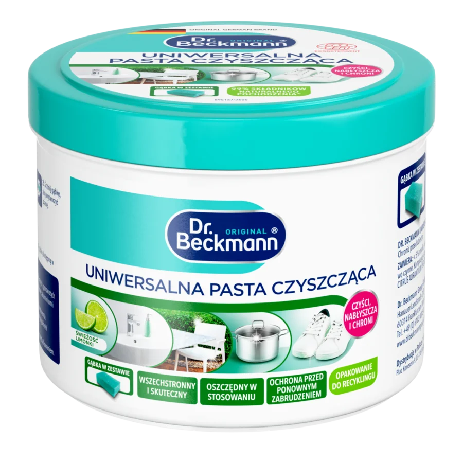 Uniwersalna Pasta Czyszcząca – Turkusowy i biały cylindryczny pojemnik z pokrywką i etykietą zawierającą obrazy limonki.