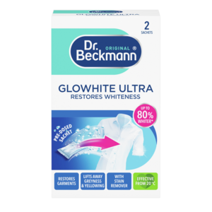 Glowhite Instant Whitening – White cardboard box with turquoise and blue accents containing two sachets with product imagery and informational icons.