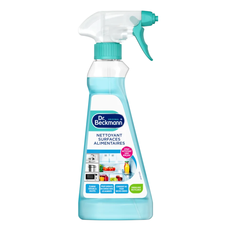 Nettoyant Surfaces Alimentaire – Flacon pulvérisateur turquoise et blanc avec gâchette et bouchon cannelé rempli de liquide bleu clair.