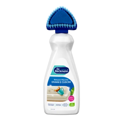 Rimuovi macchie divani e cuscini – Bottiglia di plastica bianca con spazzola blu in alto, caratterizzata da fasce di etichetta teal e blu.