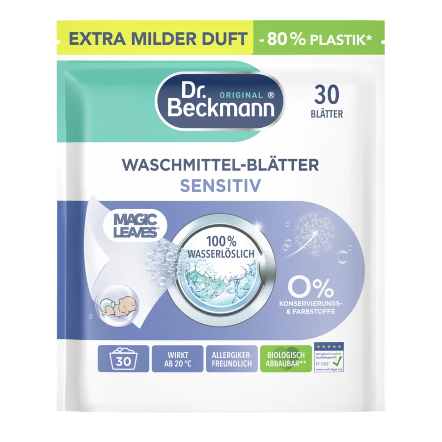 Waschmittel-Blätter Sensitiv Baumwollblüte – Weiße Beutelpackung mit türkis und blauem Design, enthält Waschmittel.
