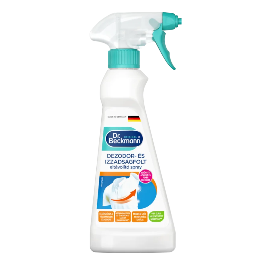 Dezodor- és izzadságfolt eltávolitó spray – Fehér spray palack türkiz indítóval és kupakkal, kék és narancssárga mintával.