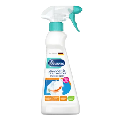 Dezodor- és izzadságfolt eltávolitó spray – Fehér spray palack türkiz indítóval és kupakkal, kék és narancssárga mintával.