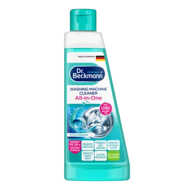 Washing Machine Cleaner All-in-One – Turquoise plastic bottle with white and turquoise label showing washing machine drum and text.