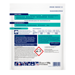 Laundry Detergent Sheets Universal – White resealable pouch with teal and dark blue label sections containing product information and usage instructions.