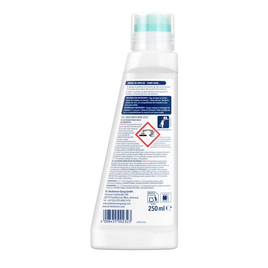 Power Brush Quitamanchas – Botella de plástico blanco con tapa turquesa de 250ml, símbolo de advertencia y etiqueta multilingüe.