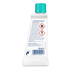 Il Dissolvi Macchie Ufficio & Bricolage – Flacone in plastica bianca con tappo turchese, 50ml, etichetta con simboli di avvertenza e codice a barre.