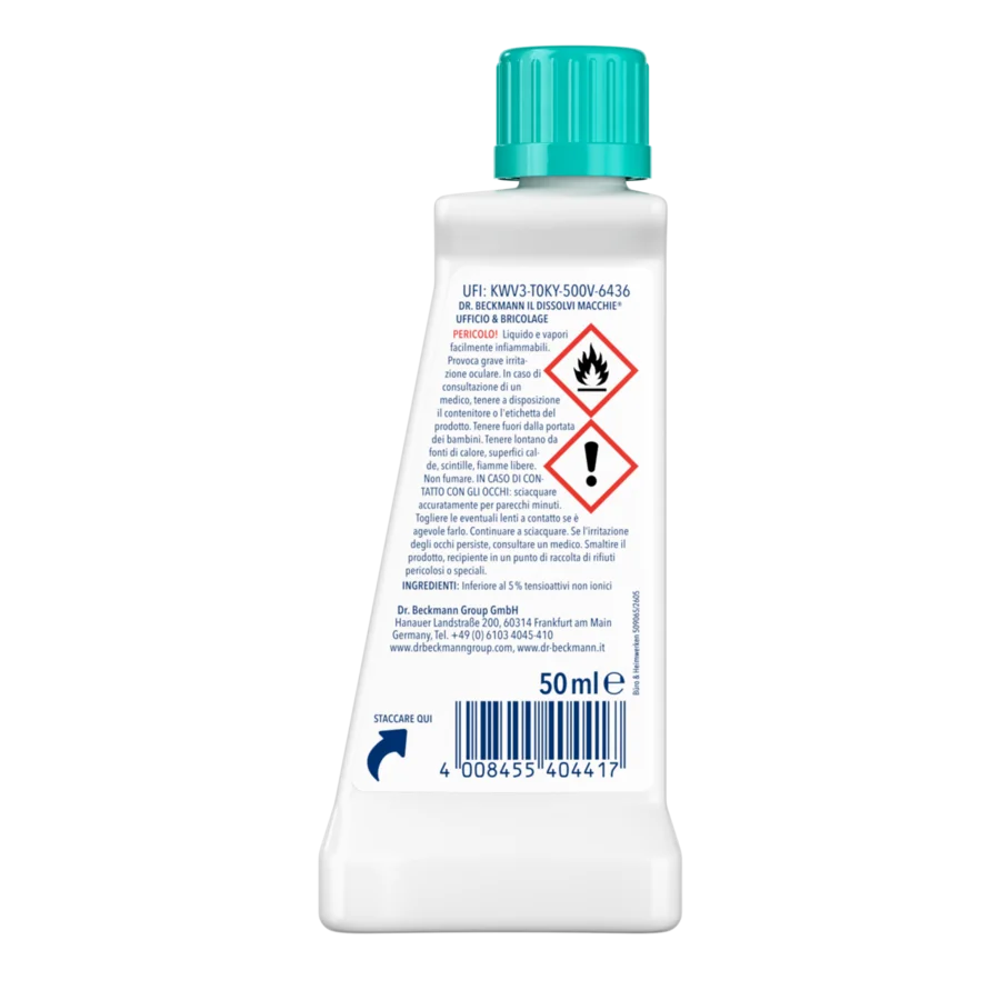 Il Dissolvi Macchie Ufficio & Bricolage – Flacone in plastica bianca con tappo turchese, 50ml, etichetta con simboli di avvertenza e codice a barre.