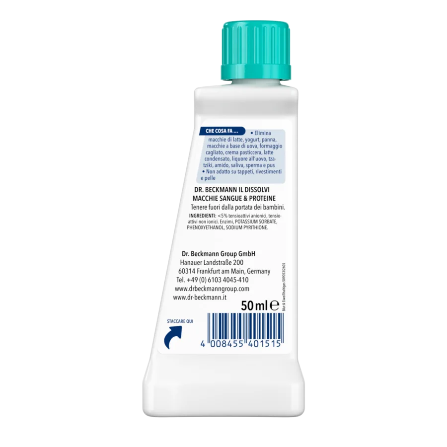 Il Dissolvi Macchie Sangue & Proteine – Bottiglia bianca con tappo turchese contenente 50ml di liquido trasparente.